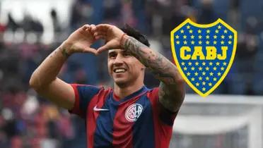 Adam Bareiro con la camiseta de San Lorenzo y el escudo de Boca.