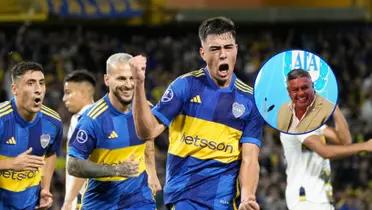 Boca festejando su gol ante Sportivo Trinidense y Claudio Tapia a su lado.