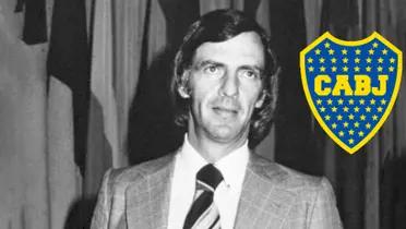 César Luis Menotti de traje y el escudo de Boca.