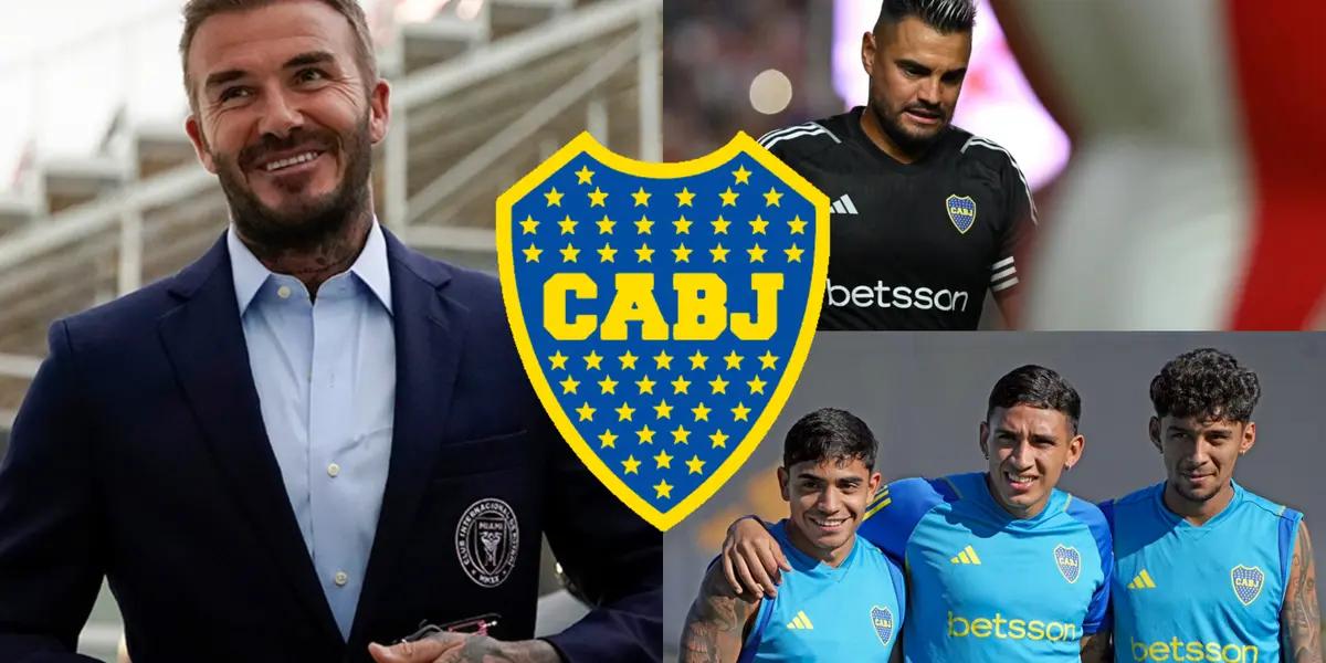 David Beckham con uniforme junto a Sergio Romero y juveniles de Boca.