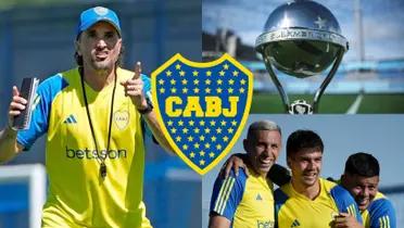 Diego Martínez dando indicaciones a jugadores de Boca y la Copa Sudamericana a su lado.