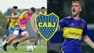 Jugadores de Boca en acción en pleno entrenamiento junto a Nicolás Valentini.