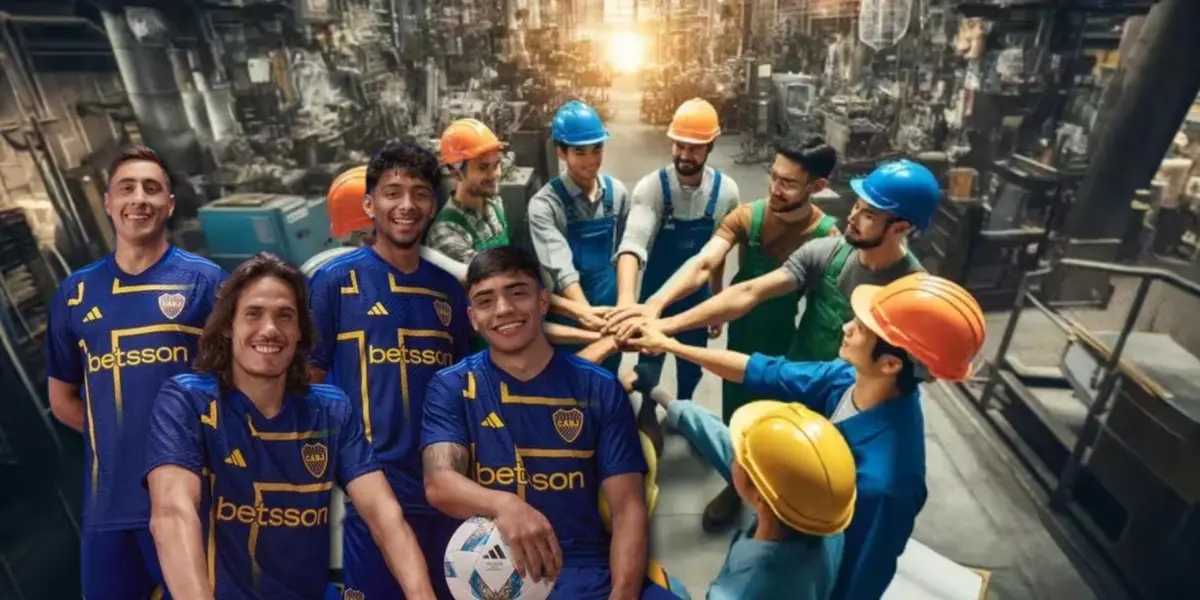 Los jugadores de Boca posando con la nueva camiseta y trabajadores de fondo.