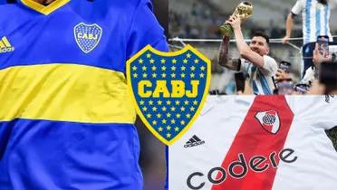 Messi levantando la Copa del Mundo y las camisetas de Boca y River.