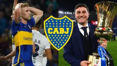 Nicolás Valentini agarrándose la cabeza y Javier Zanetti levantando la Copa Italia a su lado.