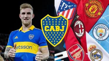 Nicolás Valentini junto a unas camisetas de clubes de Europa.