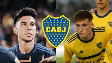 Pol Fernández con la camiseta alternativa de Boca junto a Jabes Saralegui.