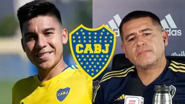 Pol Fernández en un entrenamiento de Boca junto a Riquelme.