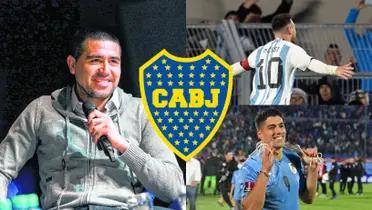 Riquelme sonriendo y a su lado Messi y Luis Suárez.