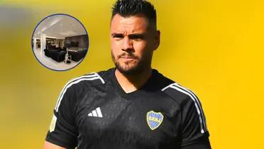 Sergio Romero durante un partido de Boca y su mansión en Manchester.