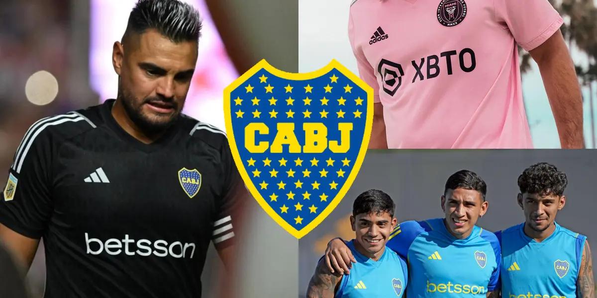 Sergio Romero junto a una camiseta de Inter Miami y juveniles de Boca.