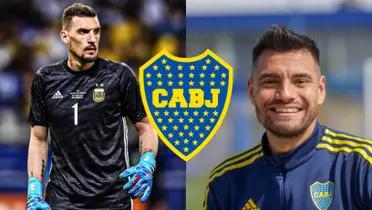 Sergio Romero sonríendo junto a Franco Armani.