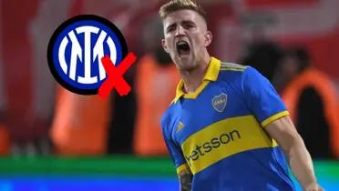 Valentini con la camiseta de Boca y a su lado el escudo de Inter de Milán.