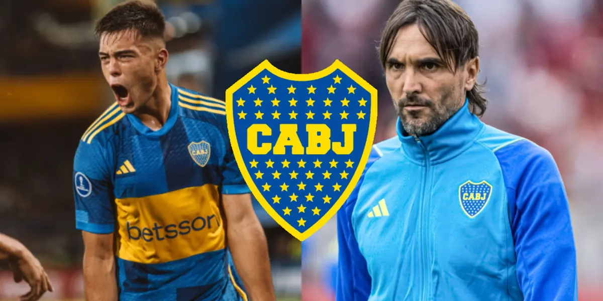 Aaron Anselmino festejando su gol con Boca y Diego Martínez observando.