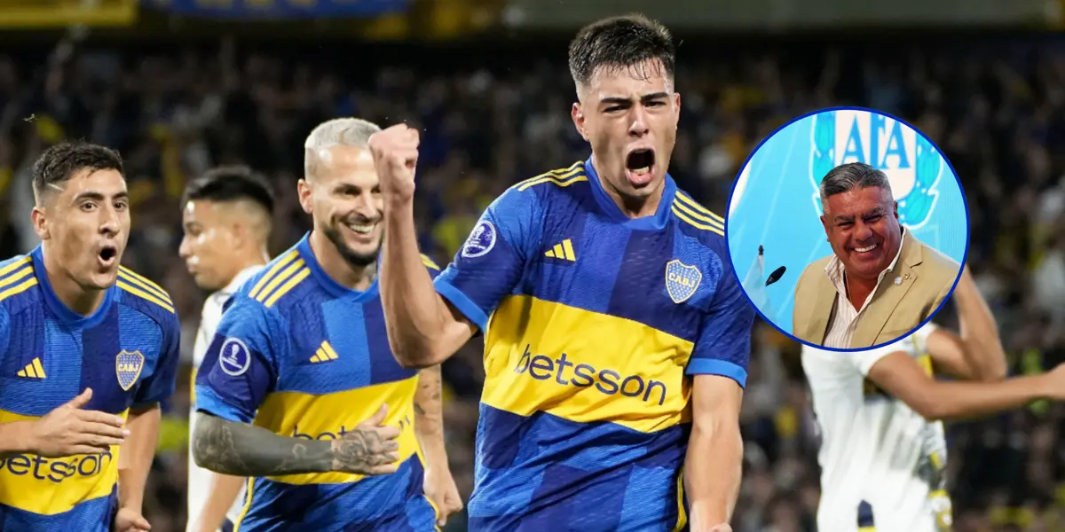 Boca festejando su gol ante Sportivo Trinidense y Claudio Tapia a su lado.