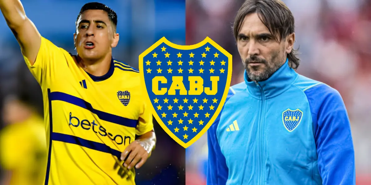 Diego Martínez con una campera de Boca y a su lado Miguel Merentiel.