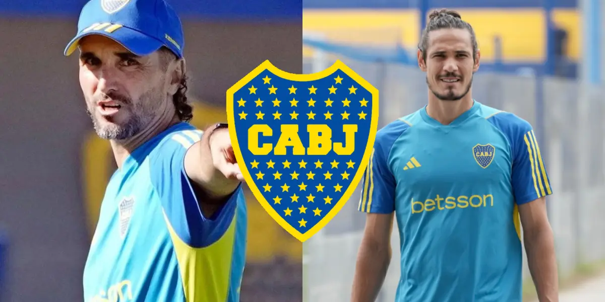 Diego Martínez dando indicaciones en el entrenamiento y Edinson Cavani.