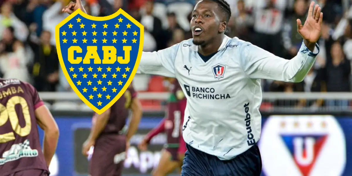 Hurtado en acción con Liga de Quito y el escudo de Boca.