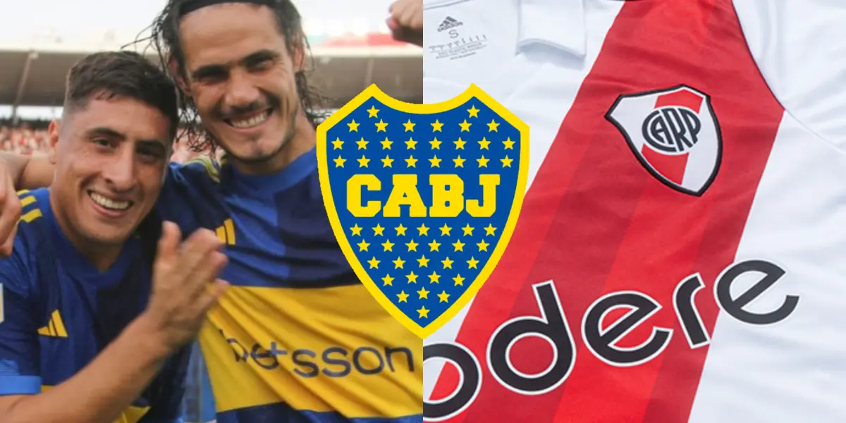 Merentiel y Cavani festejando el triunfo de Boca y a su lado, una camiseta de River.