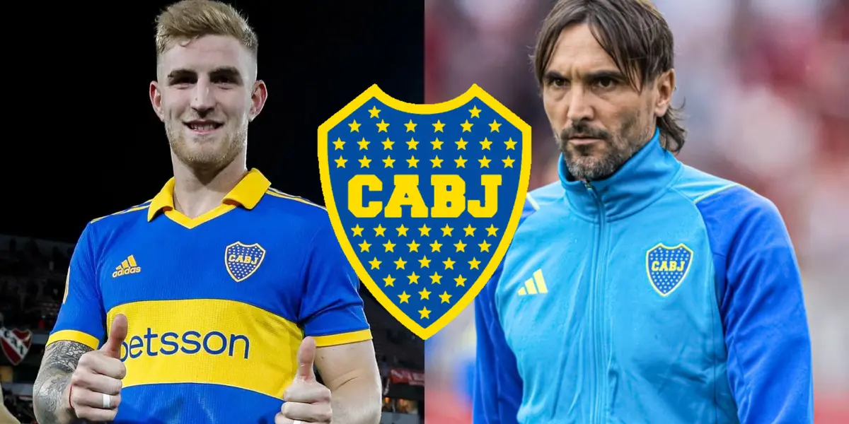 Nicolás Valentini con la camiseta de Boca junto a Diego Martínez.