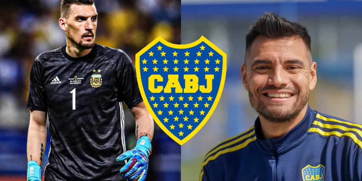 Sergio Romero sonríendo junto a Franco Armani.