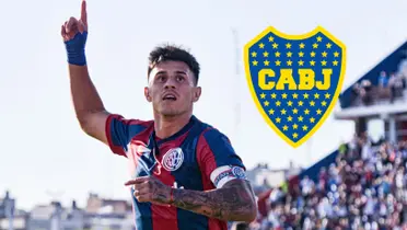 Adam Bareiro con la camiseta de San Lorenzo y a su lado el escudo de Boca.