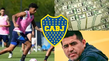 Cristian Medina en los entrenamientos de Boca y a su lado Riquelme.