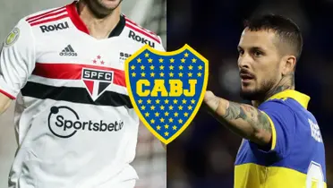 Darío Benedetto con la camiseta de Boca junto a un jugador del Sao Paulo.