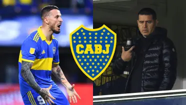 Darío Benedetto con la camiseta de Boca y Riquelme observando desde el palco de la Bombonera.