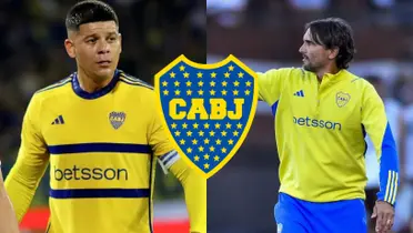 Diego Martínez con el buzo de Boca y a su lado Marcos Rojo.