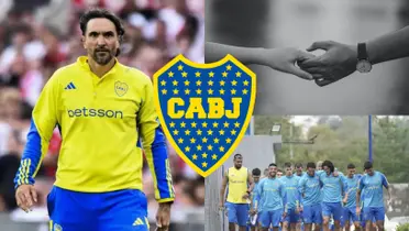 Diego Martínez con la indumentaria de Boca y a su lado, el plantel xeneize.