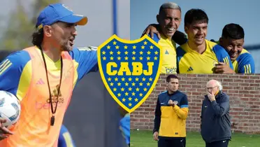 Diego Martínez dando indicaciones y a su lado, algunos jugadores de Boca.