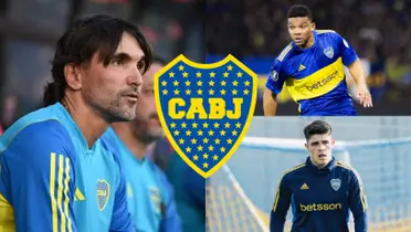 Diego Martínez en el banco de Boca y a su lado Taborda y Fabra.