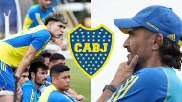 Diego Martínez junto a un grupo de jugador de Boca en el entrenamiento.