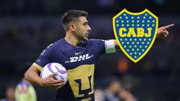 Eduardo Salvio con la camiseta de Pumas y a su lado, el escudo de Boca.