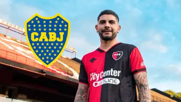 Éver Banega con la camiseta de Newell's y a su lado el escudo de Boca.