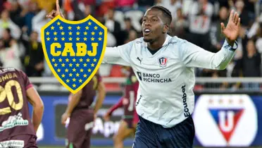 Hurtado en acción con Liga de Quito y el escudo de Boca.