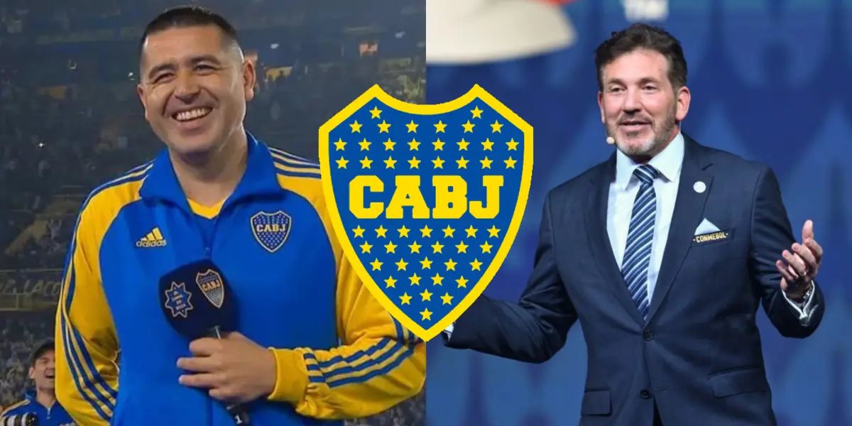 Juan Román Riquelme con la indumentaria de Boca junto al presidente de CONMEBOL.