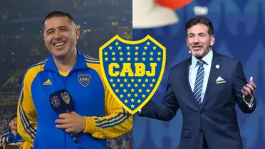 Juan Román Riquelme con la indumentaria de Boca junto al presidente de CONMEBOL.