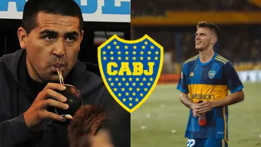 Juan Román Riquelme tomando mate y a su lado, Kevin Zenón en la Bombonera.