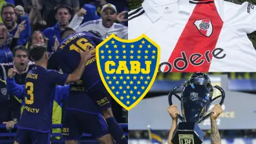 Jugadores de Boca festejando un gol y al lado una camiseta de River.