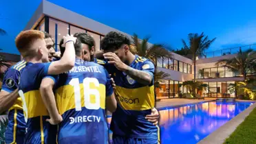 Jugadores de Boca festejando y de fondo una mansión de lujo.