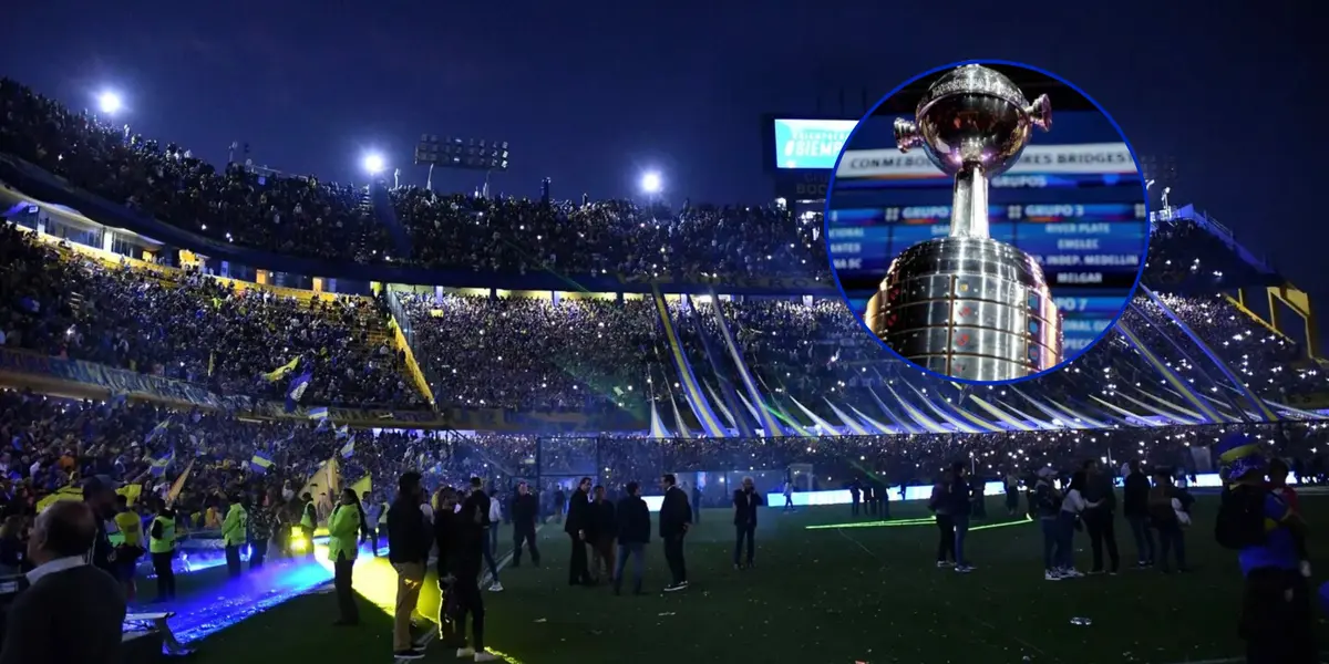 La Bombonera de noche y a su lado la Copa Libertadores.