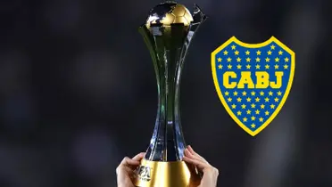 La copa del Mundial de Clubes junto al escudo de Boca.