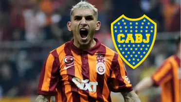 Lucas Torreira en Galatasaray y a su lado el escudo de Boca.