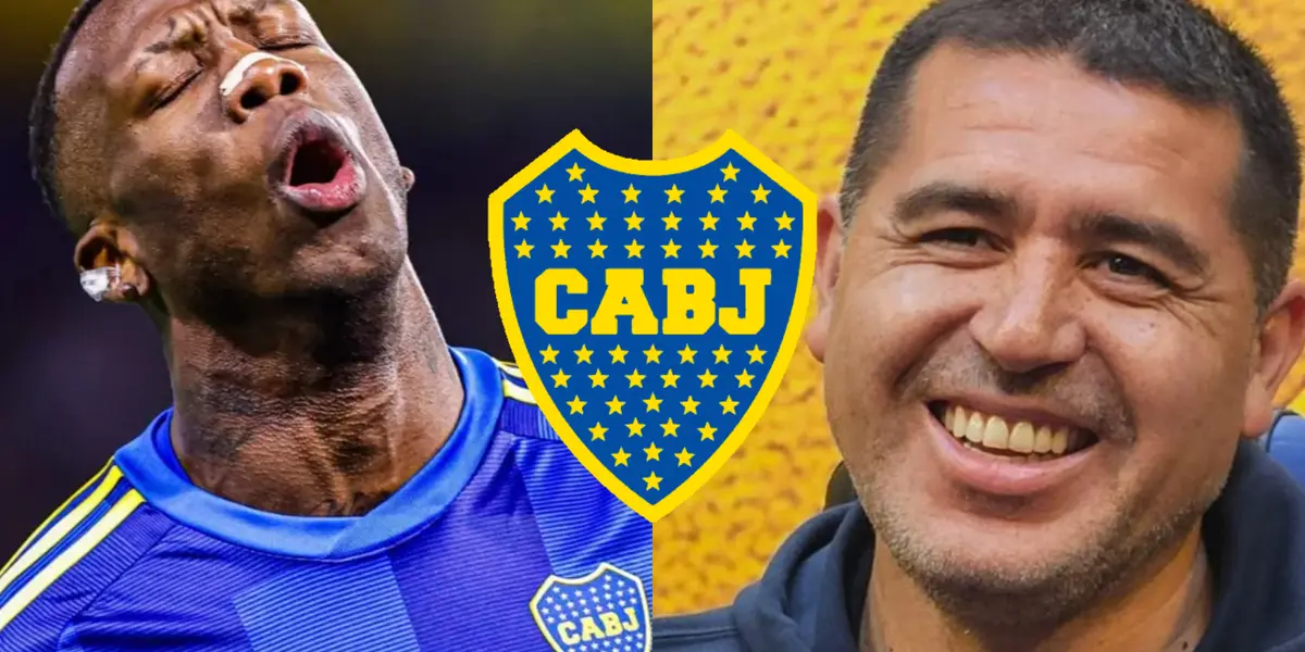 Luis Advíncula con la camiseta de Boca y a su lado Riquelme sonriendo.