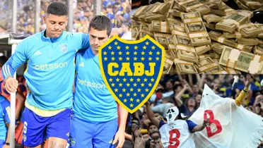 Marcos Rojo y de fondo, hinchas de Boca con el disfraz del fantasma de la B.