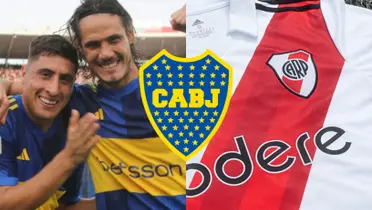 Merentiel y Cavani festejando el triunfo de Boca y a su lado, una camiseta de River.