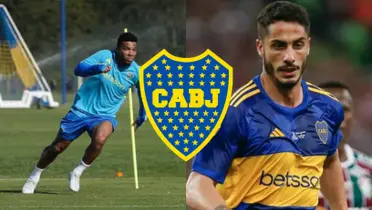 Nicolás Figal en acción y Frank Fabra en un entrenamiento de Boca.