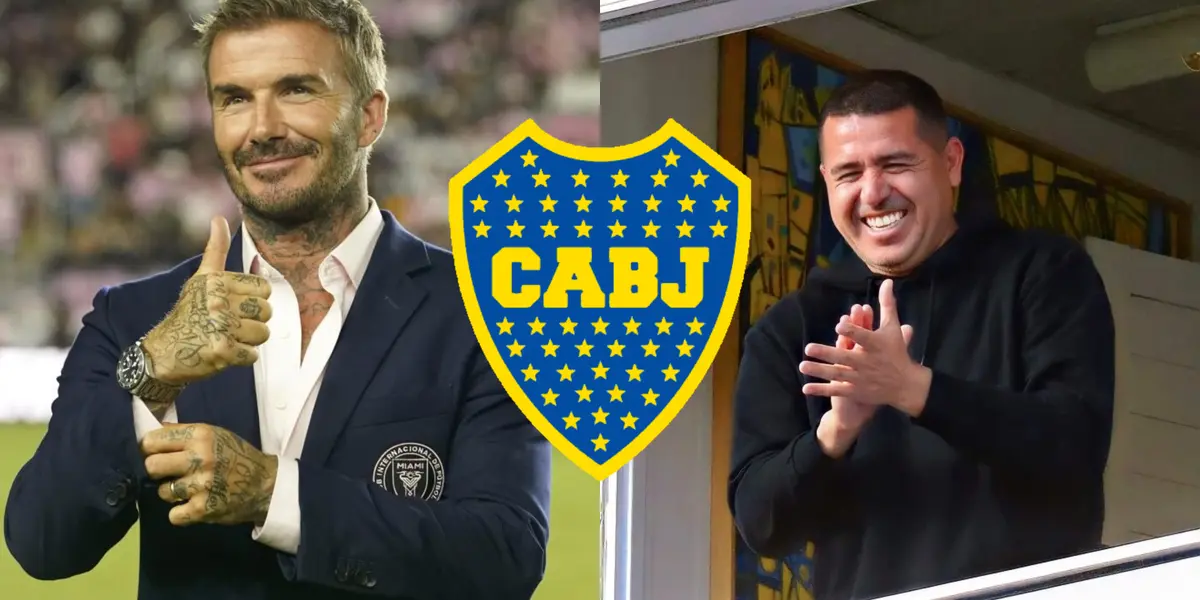 Riquelme desde el palco de la Bombonera sonriendo junto a David Beckham.